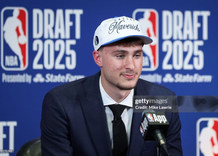 Cooper Flagg of the Dallas Mavericks speaks to the media after being drafted first overall during the 2025 NBA Draft (Photo by Mike Lawrie/Getty Images)