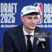 Cooper Flagg of the Dallas Mavericks speaks to the media after being drafted first overall during the 2025 NBA Draft (Photo by Mike Lawrie/Getty Images)