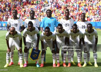 Team of Ghana poses (back L-R) Jonathan Mensah, Mohammed Rabiu, goalkeeper Fatawu Dauda, John Boye, Kwadwo Asamoah, (front L-R) Andre Ayew , Asamoah Gyan, Majeed Waris, Harrison Afful, Christian Atsu, Emmanuel Badu for a group photo before the FIFA World Cup 2014 group G preliminary round match between Portugal and Ghana at the Estadio National Stadium in Brasilia, Brazil, on 26 June 2014. (Photo by Marius Becker/picture alliance via Getty Images)
