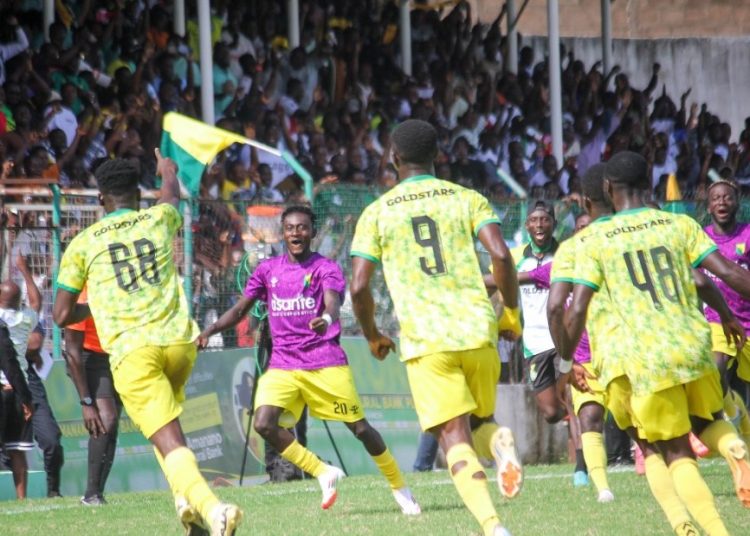 Bibiani Gold Stars celebrate after scoring goal against Accra Lions Photo Courtesy: Gold Stars