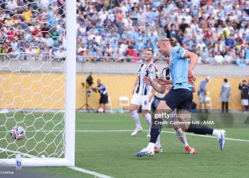 Erling Haaland scores their third goal during the FIFA Club World Cup 2025 group G match between Juventus FC and Manchester City FC (Photo by Catherine Ivill - AMA/Getty Images)