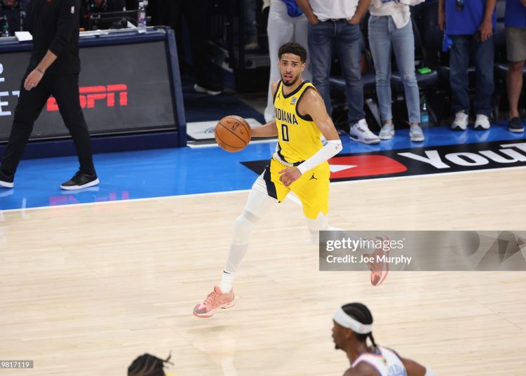 Tyrese Haliburton #0 of the Indiana Pacers dribbles the ball during the game against the Oklahoma City Thunder during Game 5 of the 2025 NBA Finals (Photo by Joe Murphy/NBAE via Getty Images)