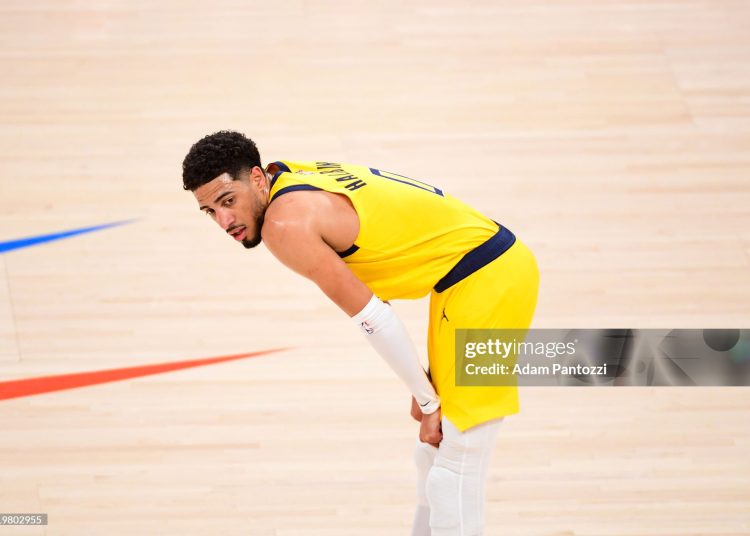Tyrese Haliburton #0 of the Indiana Pacers looks on during the game against the Oklahoma City Thunder during Game Five of the 2025 NBA Finals (Photo by Adam Pantozzi/NBAE via Getty Images)
