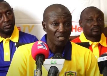 Hearts Assistant Coach Abdul Gazale (left) with Hearts of Oak Head Coach Didi Dramani (middle) Photo Courtesy: Hearts of Oak