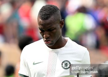 PHILADELPHIA, PENNSYLVANIA - JUNE 20: Nicolas Jackson #15 of Chelsea FC looks dejected after being shown a red card during the FIFA Club World Cup 2025 group D match between CR Flamengo and Chelsea FC at Lincoln Financial Field on June 20, 2025 in Philadelphia, Pennsylvania. (Photo by Darren Walsh/Chelsea FC via Getty Images)