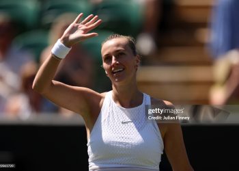 Petra Kvitova of Czech Republic celebrates winning match point against Aliaksandra Sasnovich in the Women's Singles second round match during day five of The Championships Wimbledon 2023 (Photo by Julian Finney/Getty Images)