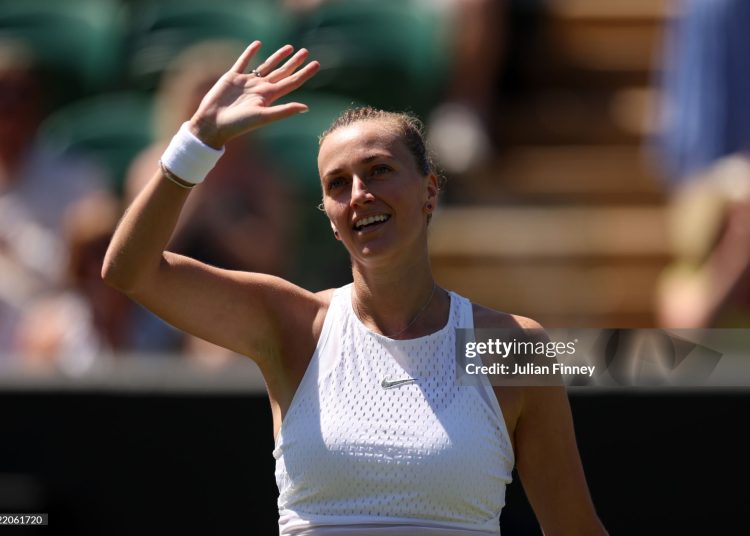 Petra Kvitova of Czech Republic celebrates winning match point against Aliaksandra Sasnovich in the Women's Singles second round match during day five of The Championships Wimbledon 2023 (Photo by Julian Finney/Getty Images)