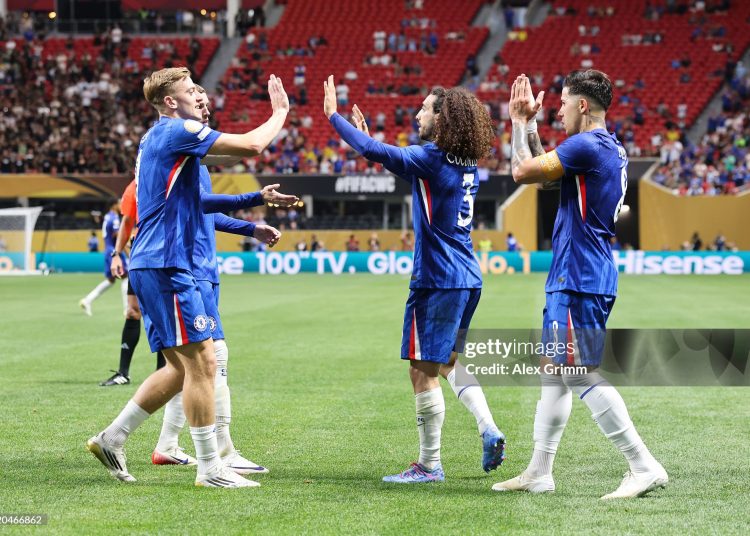 ATLANTA, GEORGIA - JUNE 16: Enzo Fernandez #8 of Chelsea FC celebrates scoring his team's second goal with Marc Cucurella #3, Cole Palmer #10 and Liam Delap #9 during the FIFA Club World Cup 2025 group D match between Chelsea FC and Los Angeles Football Club at Mercedes-Benz Stadium on June 16, 2025 in Atlanta, Georgia. (Photo by Alex Grimm/Getty Images)