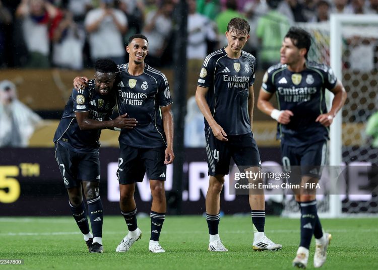 Vinicius Junior #7 of Real Madrid C.F. celebrates scoring his team's first goal with Trent Alexander-Arnold #12, Dean Huijsen #24 and Fran Garcia #20 of Real Madrid C.F. during the FIFA Club World Cup 2025 (Photo by Emilee Chinn - FIFA/FIFA via Getty Images)