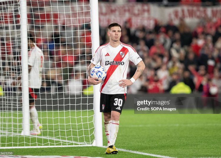 Franco Mastantuono of River Plate looks on (Photo by Manuel Cortina/SOPA Images/LightRocket via Getty Images)
