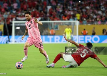 Lionel Messi of Inter Miami CF controls the ball whilst under pressure from Mohamed Ali Ben Romdhane of Al Ahly FC  during the FIFA Club World Cup 2025 (Photo by Kevin C. Cox/Getty Images)