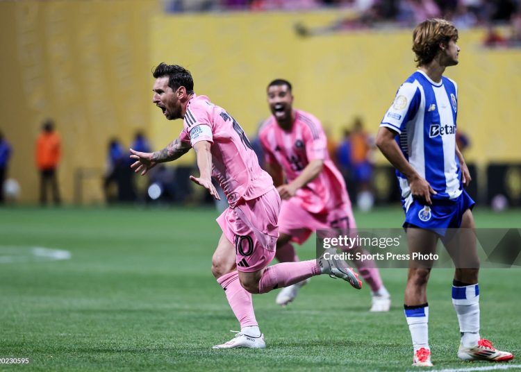 Lionel Messi of Inter Miami CF celebrates after scoring the team's second goal  (Photo by Qian Jun/Sports Press Photo/Getty Images)