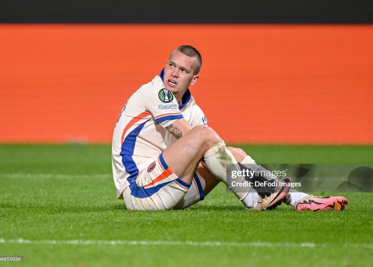 Mykhailo Mudryk of Chelsea FC injured on the ground during the UEFA Conference League 2024/25 League Phase MD4 match (Photo by Harry Langer/DeFodi Images via Getty Images)