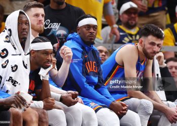 The Oklahoma City Thunder look on from the bench during the fourth quarter against the Indiana Pacers in Game Six of the 2025 NBA Finals (Photo by Maddie Meyer/Getty Images)