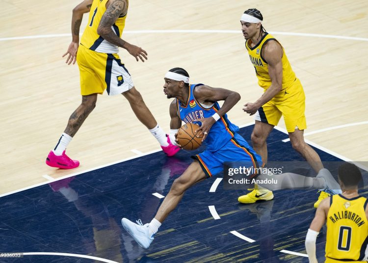 Shai Gilgeous-Alexander #2 of the Oklahoma City Thunder in action against Indiana Pacers during Game four of the 2025 NBA Finals (Photo by Mostafa Bassim/Anadolu via Getty Images)