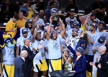 Myles Turner #33 of the Indiana Pacers celebrates with the Bob Cousy Trophy  (Photo by Justin Casterline/Getty Images)