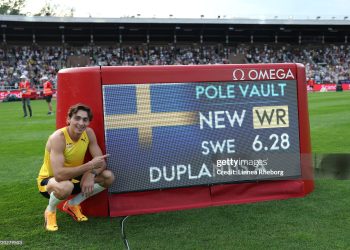 Armand Duplantis of Team Sweden poses for a photo after jumping 6.28 to set a new World Record in the Men's Pole Vault Final (Photo by Linnea Rheborg/Getty Images)