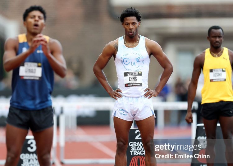 Chris Robinson of the United States prepares to compete in the men's 400m hurdles on Day 1 of Grand Slam Track- Philadelphia (Photo by Emilee Chinn/Getty Images)