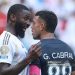 Gustavo Cabral #22 of CF Pachuca reacts with Antonio Ruediger #22 of Real Madrid C. F. during an altercation in the FIFA Club World Cup 2025 (Photo by Richard Pelham/Getty Images)