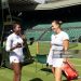 Coco Gauff of the United States and Aryna Sabalenka create content for social media after training together on Centre Court in preparation for the 2025 Wimbledon (Photo by Tim Clayton/Getty Images)