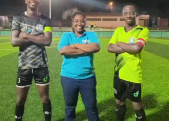 FIFA Agent Pamela Ansah-Asamoah (middle) with Rudolf Mensah (left)