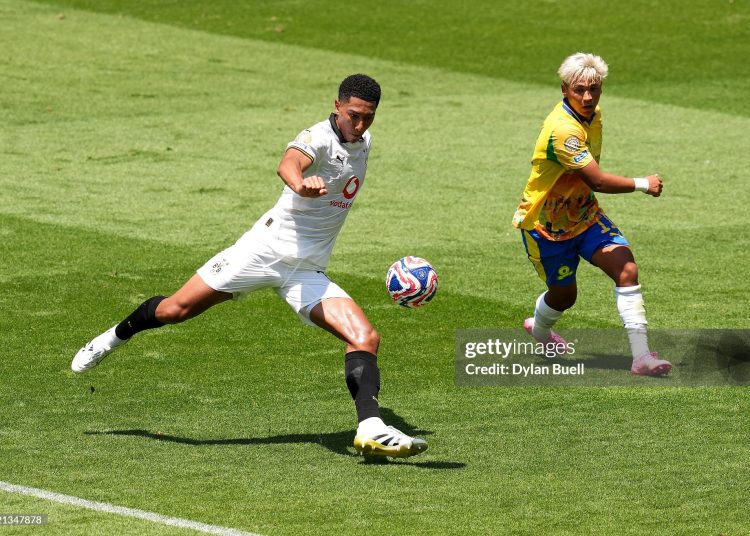 Jobe Bellingham #77 of Borussia Dortmund scores his team's third goal during the FIFA Club World Cup 2025 (Photo by Dylan Buell/Getty Images)