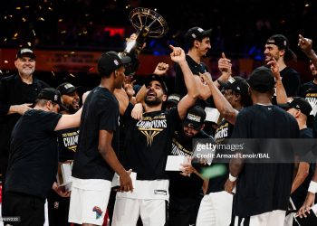Al Ahli Tripoli celebrates after winning the 2025 Basketball Africa League Championship against Petro de Luanda on June 14, 2025 (Photo by Armand Lenoir/NBAE via Getty Images)