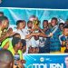 MP, Hon Lawrencia Dziwornu for Akuapim South, together with Hon. Kpeli Worlase (MP, Afram Plains), Hon.Drah Emmanuel (Mp, Upper West Akim), Hon. Frimpong Kwame Owen (Mp, Lower West Akim) present trophy to eventual winners of 2025 Soccer Tournament Banabas FC.
