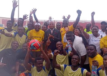 Minister of Foreign Affairs Samuel Ablakwa (in suit) with Ministry of Foreign Affairs Men's Football Team at 2025 Inter Ministerial Games