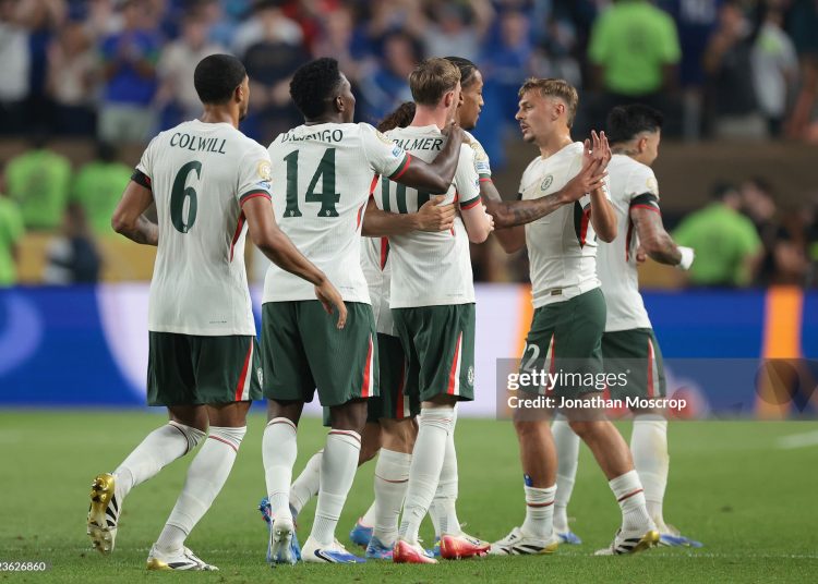 Chelsea FC players celebrate the 2-1 victory following the final whistle of the FIFA Club World Cup 2025 quarterfinals (Photo by Jonathan Moscrop/Getty Images)