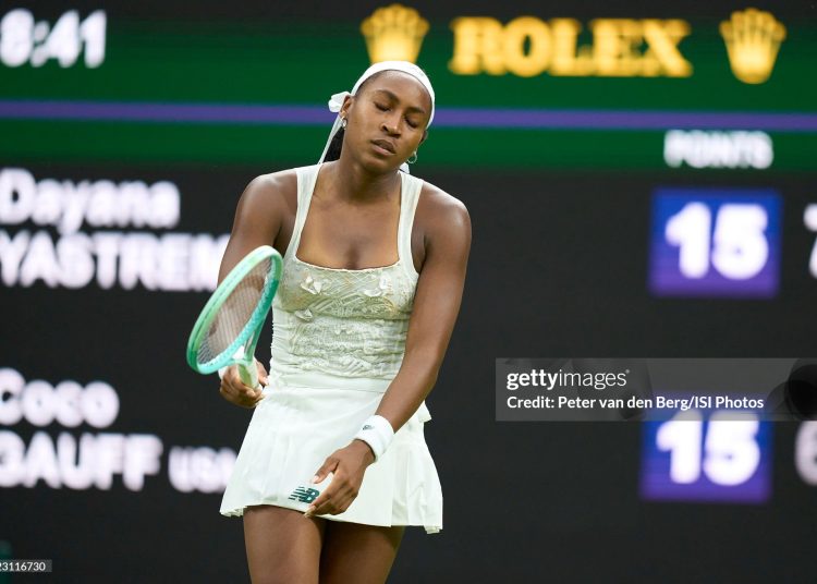 Coco Gauff of the United States reacts during her loss to Dayana Yastremska of Ukraine in her rescheduled ladies' Singles first round match on day two of The Championships Wimbledon 2025 (Photo by Peter van den Berg/ISI Photos/ISI Photos via Getty Images)
