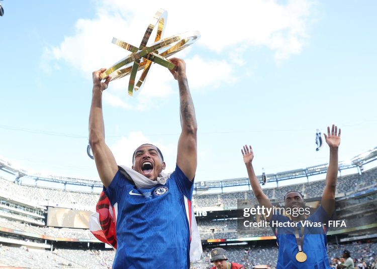 Levi Colwill #6 of Chelsea FC lifts the FIFA Club World Cup trophy after his team's victory following the FIFA Club World Cup 2025  (Photo by Hector Vivas - FIFA/FIFA via Getty Images)