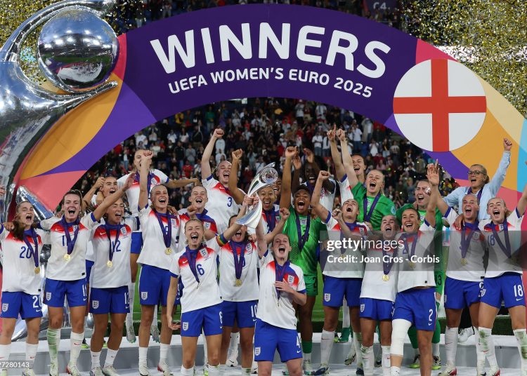England team celebrating the victory during the UEFA Women's EUROS 2025 (Photo by Joan Cros - Corbis/Getty Images)
