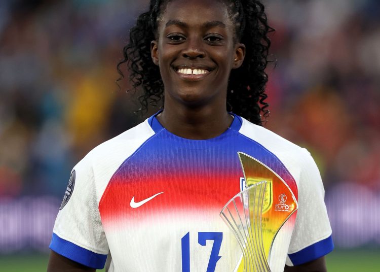 Michelle Agyemang of England poses for a photo after being presented with the UEFA Young Player of the Tournament award following the UEFA Women's EURO 2025 Final (Photo by Charlotte Wilson/Getty Images)