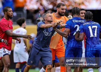 PSG Head Coach Luis Enrique get into an argument with João Pedro of Chelsea FC following the FIFA Club World Cup 2025 match (Photo by Heuler Andrey/Eurasia Sport Images/Getty Images)