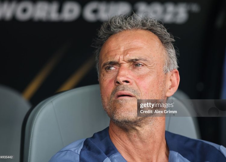 Luis Enrique, Head Coach of Paris Saint-Germain, looks on during the FIFA Club World Cup 2025 Final match (Photo by Alex Grimm/Getty Images)