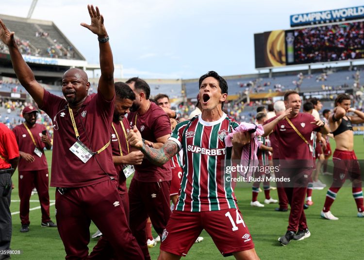 German Cano #14 of Fluminense FC and staff celebrate victory following the FIFA Club World Cup 2025 quarter final (Photo by Buda Mendes/Getty Images)