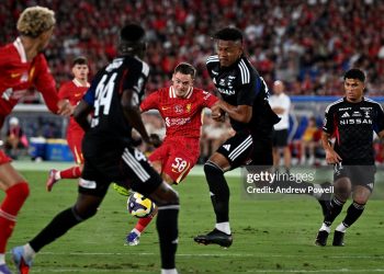 Florian Wirtz in action between  between Yokohama F•Marinos and Liverpool at Nissan Stadium (Photo by Andrew Powell/Liverpool FC via Getty Images)