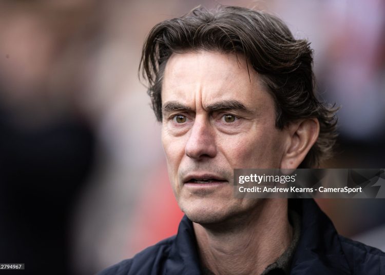 Thomas Frank looks on during Premier League game(Photo by Andrew Kearns - CameraSport via Getty Images)