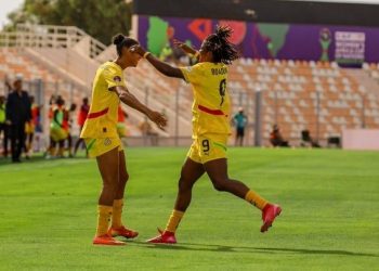 Doris Boaduwaa (9) celebrates goal with Boye-Hlorkah Photo Courtesy: CAF