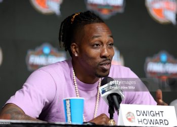 Dwight Howard speaks to media during the Naismith Basketball Hall of Fame Press Conference (Photo by Alex Slitz/Getty Images)