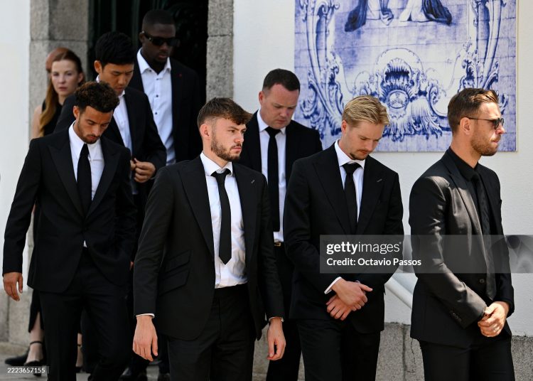 Liverpool FC former and current Players Curtis Jones, Wataru Endo, Ibrahima Konate, Connor Bradley, and Jordan Henderson leave the church following the funeral held for Diogo Jota and his brother Andre Silva at Igreja Matriz de Gondomar on July 05, 2025 in Gondomar, Portugal. Diogo Jota was a professional football player for Liverpool FC and the Portuguese national team, while Andre Silva played for FC Penafiel in Portugal's second tier. The brothers died in a car accident in the province of Zamora, Spain, on July 3. (Photo by Octavio Passos/Getty Images)