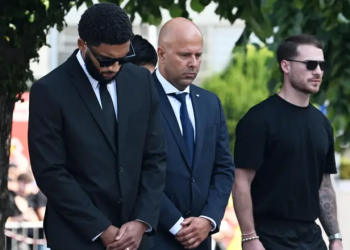 From Left to Right: Joe Gomez, Arne Slot, Alexis Mac Allister arrive at Diogo Jota's funeral Photo Courtesy: PA Media