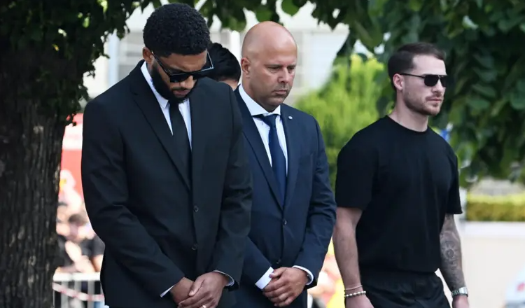 From Left to Right: Joe Gomez, Arne Slot, Alexis Mac Allister arrive at Diogo Jota's funeral Photo Courtesy: PA Media
