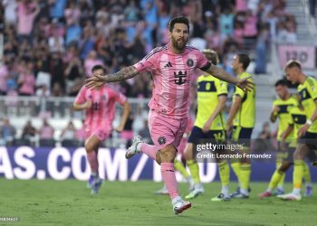 Lionel Messi #10 of Inter Miami CF celebrates after scoring the team's first goal during MLS Match (Photo by Leonardo Fernandez/Getty Images)