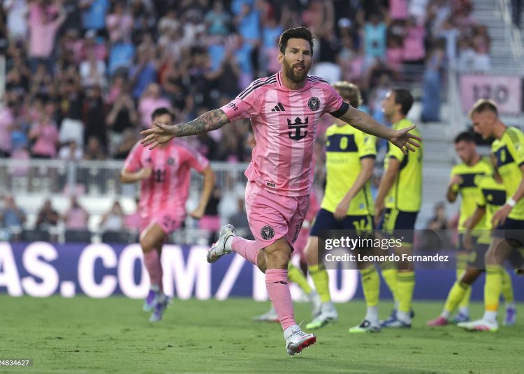Lionel Messi #10 of Inter Miami CF celebrates after scoring the team's first goal during MLS Match (Photo by Leonardo Fernandez/Getty Images)