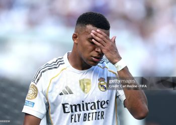 Kylian Mbappe #9 of Real Madrid C.F. reacts during the FIFA Club World Cup 2025 (Photo by Carl Recine - FIFA/FIFA via Getty Images)
