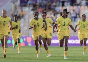 Black Queens players celebrate qualification to 2024 WAFCON semifinals Photo Courtesy: GFA