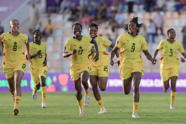 Black Queens players celebrate qualification to 2024 WAFCON semifinals Photo Courtesy: GFA