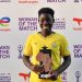 Grace Asantewaa (5) displays Woman of the Match Award Photo Courtesy: CAF